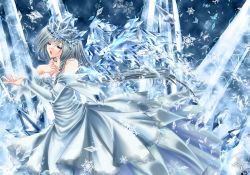 Rule 34 | 1girl, blue theme, crown, crystal, dress, closed eyes, hat, ice, ice wings, long hair, md5 mismatch, open mouth, resized, sheiyue, silver hair, snow, snowflakes, solo, wings, winter
