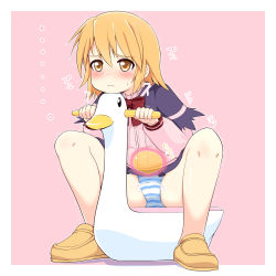 Rule 34 | ..., 1girl, bladder, blue panties, blush, border, bow, bowtie, capelet, closed mouth, commission, female focus, flat chest, full body, hands up, have to pee, heart, highres, japanese text, long sleeves, matching hair/eyes, minis, miniskirt, nervous, orange eyes, orange footwear, orange hair, outline, outside border, panties, pantyshot, pee, pink background, pink shirt, pixiv commission, pleated skirt, potty, purple capelet, purple skirt, red bow, red bowtie, shiny skin, shirt, shoes, short hair, sidelocks, simple background, skirt, solo, spread legs, squatting, striped clothes, striped panties, summon night, summon night 2, sweat, translation request, trembling, ufda9028, underwear, upskirt, white border, white outline, x-ray