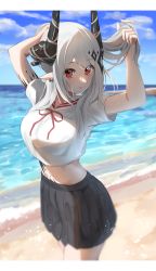 Rule 34 | 1girl, :o, absurdres, alternate costume, alternate hairstyle, arknights, arms up, beach, black skirt, blue sky, breasts, cowboy shot, crop top, day, earrings, heimu (heim kstr), highres, horizon, horns, jewelry, large breasts, letterboxed, long hair, looking at viewer, material growth, miniskirt, mudrock (arknights), navel, neck ribbon, ocean, oripathy lesion (arknights), outdoors, parted lips, pleated skirt, pointy ears, ponytail, red eyes, red ribbon, ribbon, shirt, short sleeves, silver hair, skirt, sky, solo, tying hair, water, white shirt