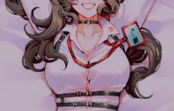 Rule 34 | 1girl, arms up, black choker, breast focus, breasts, brown hair, button gap, choker, cleavage, close-up, collarbone, collared shirt, facing viewer, from above, grin, hololive, hololive english, id card, j-chad, lanyard, large breasts, lips, lipstick mark, long hair, lying, mamaloni, on back, shirt, smile, solo, strap, teeth, torso, unfinished, virtual youtuber, wavy hair, white shirt