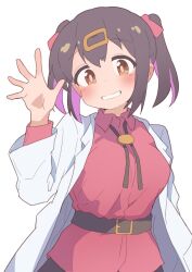 Rule 34 | 1girl, belt, black hair, bolo tie, brown eyes, coat, commentary, grin, hair ornament, hairclip, hand up, hatafuta, highres, lab coat, light blush, long sleeves, looking at viewer, medium hair, multicolored hair, onii-chan wa oshimai!, open clothes, open coat, oyama mihari, purple hair, red shirt, shirt, simple background, smile, solo, twintails, two-tone hair, upper body, white background, wing collar