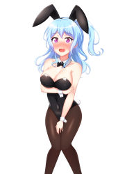 Rule 34 | 1girl, absurdres, animal ears, baek hyang&#039;geum, bang dream!, black bow, black bowtie, black leotard, black pantyhose, blue hair, blush, bow, bowtie, breasts, cleavage, covered navel, detached collar, embarrassed, feet out of frame, highres, leotard, light blue hair, long hair, matsubara kanon, medium breasts, nose blush, one side up, pantyhose, playboy bunny, purple eyes, rabbit ears, rabbit tail, simple background, solo, strapless, strapless leotard, tail, wavy hair, white background, wrist cuffs