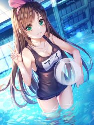Rule 34 | 1girl, alternate costume, ball, beachball, blue one-piece swimsuit, blush, bow, breasts, covered navel, green eyes, hairband, kizuna ai, kizuna ai inc., lips, long hair, looking at viewer, medium breasts, multicolored hair, name tag, one-piece swimsuit, parted lips, partially submerged, pink bow, pink hair, pink hairband, pink ribbon, pool, pool ladder, poolside, ribbon, roang, school swimsuit, solo, standing, streaked hair, swept bangs, swimsuit, two-tone hair, v, virtual youtuber, wading, water, wet