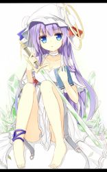 Rule 34 | 1girl, ankle ribbon, barefoot, blue eyes, book, capelet, dress, hat, hat ornament, leg ribbon, letterboxed, long hair, looking at viewer, patchouli knowledge, purple hair, ribbon, sitting, solo, sword, touhou, very long hair, weapon, white dress, yuuhagi (amaretto-no-natsu)