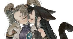 Rule 34 | 2girls, animal ears, animal hands, arm belt, black hair, blonde hair, blush, brooch, cat ears, cat tail, closed eyes, closed mouth, ears down, ebimomo, hair ornament, hairclip, hand up, head tilt, jewelry, kiss, kissing cheek, lampoo (stones of dragon), long hair, looking at viewer, multiple girls, purple sweater, ribbed sweater, simple background, stones of dragon, sweater, tail, twintails, white background, yellow eyes