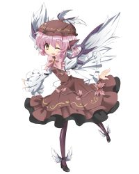 Rule 34 | 1girl, absurdres, animal ears, bad id, bad pixiv id, black pantyhose, cross-laced footwear, dress, female focus, full body, hat, highres, mystia lorelei, one eye closed, open mouth, outstretched arms, pantyhose, pink hair, shoes, short hair, smile, solo, spread arms, touhou, transparent background, urimono, winged footwear, wings, wink, yellow eyes