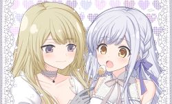 Rule 34 | 2girls, arms at sides, assault lily, bare shoulders, blonde hair, blush, border, braid, breasts, cake, cleavage, closed mouth, collarbone, commentary, feeding, food, fork, frilled shirt, frills, gloves, grey choker, grey gloves, grey hair, grey ribbon, hair ribbon, hand up, heart, heart background, highres, holding, holding fork, jewelry, kon kanaho, lace, lace border, light particles, light smile, long hair, looking at another, looking away, medium breasts, miyagawa takane, multiple girls, neck ribbon, necklace, official alternate costume, open mouth, ornate border, pendant, portrait, purple eyes, purple ribbon, ribbon, sakura tsubame, shirt, side-by-side, side braid, sidelocks, sleeveless, sleeveless shirt, white background, white shirt, yellow eyes, yuri