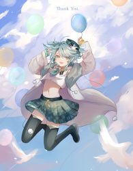 Rule 34 | 1boy, :d, absurdres, ahoge, balloon, black thighhighs, blue sky, blush, boots, cloud, crop top, day, floating, full body, green eyes, green hair, hair ornament, hairclip, happy, hat, hat pin, highres, holding, holding balloon, holostars, jacket, kagami kira, long sleeves, looking at viewer, male focus, midriff, navel, necktie, open mouth, pleated skirt, pom pom (clothes), skirt, sky, smile, solo, tehnyo, thigh boots, thighhighs, trap, virtual youtuber