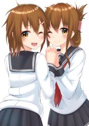 Rule 34 | 10s, 2girls, anchor print, bad id, bad pixiv id, brown eyes, brown hair, fang, folded ponytail, hair between eyes, hair ornament, hairclip, holding hands, ikazuchi (kancolle), inazuma (kancolle), kantai collection, looking at viewer, multiple girls, neckerchief, one eye closed, open mouth, pleated skirt, red neckerchief, school uniform, serafuku, short hair, skirt, smile, takamiya nao, white background