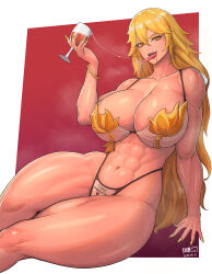 Rule 34 | 1girl, abs, absurdres, alcohol, artist name, bikini, blonde hair, blood, blood from mouth, bracelet, cup, drinking glass, fingernails, glass, highres, huge filesize, jewelry, kongman99, long fingernails, long tongue, looking at viewer, muscular, muscular female, navel, original, red wine, saliva, saliva trail, sharp teeth, sitting, solo, swimsuit, teeth, thick thighs, thighs, tongue, tongue out, vampire, wide hips, wine, wine glass, yellow eyes, yellow nails