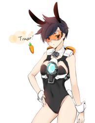 Rule 34 | 1girl, animal ears, black eyes, black hair, black leotard, blush, bowtie, carrot, character name, chest harness, choker, covered navel, detached collar, eyebrows, fake animal ears, goggles, groin, hand on own hip, harness, legs, leotard, looking at viewer, mikan nugu, overwatch, overwatch 1, playboy bunny, rabbit ears, rabbit tail, ribbon choker, short hair, simple background, solo, strapless, strapless leotard, striped bow, striped bowtie, striped clothes, swept bangs, tail, tracer (overwatch), white background, wrist cuffs