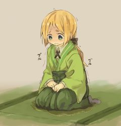 Rule 34 | 1girl, beige background, blonde hair, blue socks, blush, cloneko (zelmeledf2), embarrassed, female focus, full body, green eyes, green kimono, green skirt, hakama, hakama short skirt, hakama skirt, indoors, japanese clothes, kimono, kneeling, long sleeves, natsume nono, own hands together, peeing, peeing self, ponytail, seiza, shirt, simple background, sitting, skirt, socks, solo, tears, text focus, translation request, trembling, urara meirochou, wavy mouth, wet, wet clothes, white shirt
