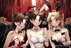 Rule 34 | 3girls, :p, alcohol, animal ears, bare shoulders, black bow, black bowtie, black hair, black hairband, black leotard, black ribbon, blonde hair, blue eyes, blush, bow, bowtie, breasts, brown hair, cleavage, collar, collarbone, commentary request, couch, cup, curtains, detached collar, detached sleeves, drink, drinking glass, earrings, ereshkigal (fate), eyelashes, fake animal ears, fate/grand order, fate/stay night, fate (series), gold, gold earrings, hair intakes, hair ornament, hair ribbon, hairband, holding, hoop earrings, indoors, ishtar (fate), jewelry, leotard, light, long hair, looking at another, medium breasts, multiple girls, off shoulder, on couch, open mouth, parted bangs, playboy bunny, rabbit ears, red bow, red bowtie, red curtains, red eyes, red hairband, red leotard, red pupils, red ribbon, red wine, ribbon, shiny clothes, shiny skin, siblings, sisters, sitting, sparkle, straight hair, tohsaka rin, tongue, tongue out, traditional bowtie, twintails, twitter username, white hairband, white leotard, wine, wine glass, wing collar, wrist cuffs, xkzan, yellow bow, yellow bowtie