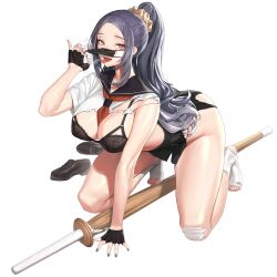 Rule 34 | 1girl, bandaid, bandaid on face, bandaid on knee, bandaid on leg, bare legs, black bra, black footwear, black gloves, black panties, black skirt, black surgical mask, blue eyes, blush, bra, breasts, breath, candy, cleavage, cropped shirt, delinquent, fellatio gesture, fingerless gloves, floral print, food, food in mouth, full body, gloves, grey hair, grey nails, gstiyl, hair ornament, hair scrunchie, half gloves, hand on ground, high ponytail, highres, kneeling, lace, lace bra, large breasts, last origin, loafers, lollipop, long hair, looking at viewer, mask, mask pull, microskirt, mouth mask, nail polish, neckerchief, neckerchief between breasts, official alternate costume, official art, open mouth, panties, panty straps, pleated skirt, red neckerchief, saliva, saliva trail, school uniform, scrunchie, serafuku, shinai, shirt, shoes, short sleeves, sidelocks, simple background, skirt, socks, solo, spread legs, string panties, sukeban, surgical mask, sword, tachi-e, teeth, third-party source, toenail polish, toenails, tongue, tongue out, torn clothes, torn shirt, torn skirt, torn socks, transparent background, underwear, unworn shoes, upper teeth only, war wolf (last origin), weapon, white serafuku, white socks, yellow scrunchie