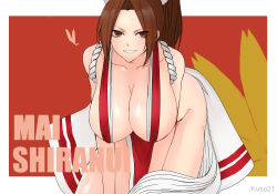 Rule 34 | 1girl, breasts, character name, fatal fury, highres, large breasts, ponytail, shiranui mai, smile, solo