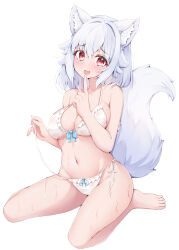 Rule 34 | 1girl, :d, animal ear fluff, animal ears, barefoot, bikini, breasts, commentary request, finger to mouth, grey hair, hands up, inubashiri momiji, large breasts, looking at viewer, medium hair, no headwear, open mouth, red eyes, rururiaru, side-tie bikini bottom, simple background, sitting, smile, solo, swimsuit, touhou, wariza, white background, wolf ears