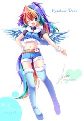 Rule 34 | 1girl, ;d, belt, blue thighhighs, blush, boots, character name, crop top, crop top overhang, feathered wings, full body, hand on own hip, long hair, looking at viewer, midriff, multicolored hair, my little pony, my little pony: friendship is magic, navel, one eye closed, open mouth, personification, ponytail, rainbow dash, red eyes, sakurano ru, shiny skin, shirt, short sleeves, shorts, smile, solo, tail, thigh boots, thighhighs, very long hair, white background, wings, wink