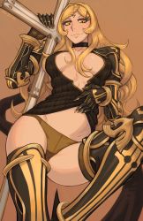 Rule 34 | 1girl, braid, breasts, brown hair, drag-on dragoon, drag-on dragoon 3, facial mark, five (drag-on dragoon), forehead mark, highres, ittla, large breasts, long hair, looking at viewer, smile, smirk, solo, thighhighs, weapon, yellow eyes