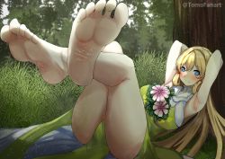 Rule 34 | 1girl, absurdres, armpits, barefoot, blonde hair, breasts, commission, dress, feet, fire emblem, fire emblem heroes, foot focus, foreshortening, full body, grass, green dress, highres, large breasts, long hair, nintendo, outdoors, soles, solo, toes, tomodachi (tomofanart), ymir (fire emblem heroes)