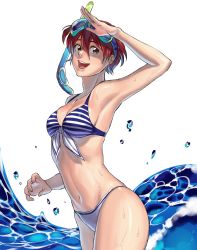 Rule 34 | 1girl, armpits, artist progress, bikini, blue bikini, breasts, brown eyes, cleavage, commentary, cowboy shot, diving mask, diving mask on head, english commentary, front-tie bikini top, front-tie top, goggles, goggles on head, hair between eyes, han soo-min (hanny), hanny (uirusu chan), highres, looking at viewer, multicolored bikini, multicolored clothes, open mouth, original, red hair, redrawn, salute, short hair, small breasts, smile, snorkel, solo, striped bikini, striped clothes, swimsuit, thighs, water, wet, white bikini