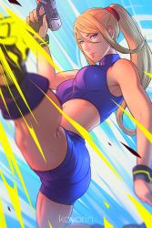 Rule 34 | 1girl, abs, artist name, ass, bare arms, bare legs, bare shoulders, black wristband, blonde hair, blue eyes, blue shorts, blurry, breasts, depth of field, hair between eyes, hand up, high kick, high ponytail, highres, kicking, koyorin, large breasts, legs, lips, long hair, looking at viewer, metroid, midriff, mole, mole under mouth, nintendo, parted lips, ponytail, samus aran, shorts, sleeveless, smile, solo, sports bra, super smash bros., swept bangs, wristband, zero suit