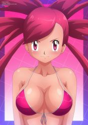 Rule 34 | 1girl, absurdres, bikini, blush, breasts, cleavage, collarbone, creatures (company), flannery (pokemon), game freak, grid, grid background, highres, large breasts, long hair, looking at viewer, nintendo, pink background, pink bikini, pokemon, pokemon rse, ponytail, red eyes, red hair, smile, standing, swimsuit, upper body, zel-sama