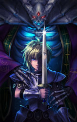 Rule 34 | 2boys, armor, blonde hair, blue eyes, bracer, breastplate, dark persona, demon, dyluck, faulds, glowing, glowing eyes, height difference, holding, holding sword, holding weapon, lich, mind control, multiple boys, one eye covered, pauldrons, primm (seiken densetsu 2), red eyes, reflection, ribs, seiken densetsu, seiken densetsu 2, shimeji (simejigesyu), shoulder armor, spoilers, sword, thanatos (seiken densetsu), third eye, weapon