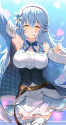 Rule 34 | 1girl, arm up, armpits, belt, blue hair, blush, breasts, cleavage, cleavage cutout, closed mouth, clothing cutout, corset, cowboy shot, flower, frills, hair flower, hair ornament, half updo, haoni, hat, headset, highres, hololive, jacket, large breasts, long hair, looking at viewer, off shoulder, open clothes, open jacket, pointy ears, ribbon-trimmed legwear, ribbon trim, shirt, sidelocks, skirt, sleeveless, sleeveless shirt, smile, solo, standing, thighhighs, virtual youtuber, white thighhighs, yellow eyes, yukihana lamy
