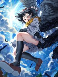 Rule 34 | 1girl, bird wings, black feathers, black gloves, black hair, black skirt, black socks, black wings, blue sky, bug, cloud, cloudy sky, colored shoe soles, commentary request, day, falling feathers, feathered wings, feathers, fly, frilled skirt, frilled sleeves, frills, gloves, hat, highres, insect, juliet sleeves, kneehighs, long sleeves, miniskirt, outdoors, pointy ears, pom pom (clothes), puffy sleeves, red eyes, red footwear, red hair, scarf, shameimaru aya, shirt, short hair, skirt, sky, socks, solo, tokin hat, touhou, tree, tsuyuji shigure, white shirt, wide sleeves, wings, yellow scarf