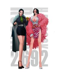 Rule 34 | 2girls, belt, black hair, blue eyes, boa hancock, breasts, cigar, cleavage, coat, cosplay, crocodile (one piece) (cosplay), donquixote doflamingo, donquixote doflamingo (cosplay), earrings, formal, full body, fur coat, hand on own hip, high heels, highres, holding, jewelry, k164, large breasts, lipstick, long hair, makeup, miniskirt, multiple girls, nico robin, one piece, pink-tinted eyewear, pink-tinted glasses, red-tinted eyewear, red-tinted glasses, crocodile (one piece), skirt, standing, suit, sunglasses, tinted eyewear