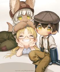 Rule 34 | 1boy, 1girl, 1other, :3, absurdres, blonde hair, brown hair, commentary, ears through headwear, english commentary, closed eyes, facial mark, glasses, grin, hands on own cheeks, hands on own face, highres, horizontal pupils, lying, made in abyss, mechanical arms, nanachi (made in abyss), on stomach, pants, pocketbee, regu (made in abyss), riko (made in abyss), sitting, smile, suspenders, twintails, white hair, yellow eyes