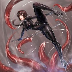 Rule 34 | 1girl, battle, black footwear, bodysuit, boots, breasts, brown hair, elbow gloves, covered erect nipples, full body, gloves, hairband, high heel boots, high heels, holding, holding weapon, katana, large breasts, latex, long hair, looking at viewer, open mouth, original, red eyes, rindou (radical dream), skin tight, solo, sword, tentacles, thigh boots, thighhighs, thighs, weapon