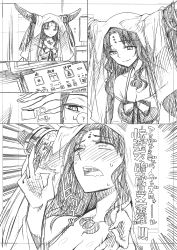 Rule 34 | absurdres, blush, breasts, chest tattoo, cleavage, comic, fate/grand order, fate (series), full-face blush, greyscale, highres, kojima takeshi, light smile, long hair, looking at viewer, monochrome, sessyoin kiara, tattoo, traditional media, translation request