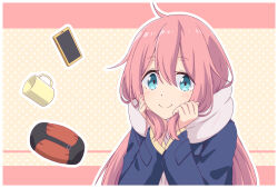 Rule 34 | 1girl, blue eyes, blue jacket, blush, cellphone, closed mouth, commentary, cup, dated commentary, enpera, grey scarf, hair between eyes, highres, jacket, kagamihara nadeshiko, long hair, long sleeves, looking at viewer, mug, outline, phone, pink hair, polka dot, polka dot background, scarf, smile, solo, upper body, very long hair, white outline, x-6, yurucamp