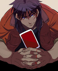 Rule 34 | 1boy, alternate eye color, black hair, black shirt, blue eyes, brown background, brown jacket, card, closed mouth, commentary request, facial scar, fingernails, highres, holding, holding card, inudori, itou kaiji, jacket, kaiji, leaning forward, long hair, looking at viewer, male focus, medium bangs, playing card, scar, scar on cheek, scar on ear, scar on face, scar on hand, shirt, sleeves rolled up, smile, solo, upper body