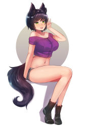Rule 34 | 1girl, :d, animal ears, bare shoulders, black hair, boots, breasts, dog ears, dog tail, ehrrr, full body, green eyes, highres, huge breasts, looking at viewer, midriff, navel, open mouth, original, short hair, shorts, sitting, smile, solo, tail, teeth, v