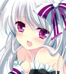 Rule 34 | 1girl, bare shoulders, blush, bow, breasts, cleavage, collarbone, hair bow, ichiyou moka, long hair, looking at viewer, open mouth, original, portrait, purple eyes, silver hair, smile, solo, upper body