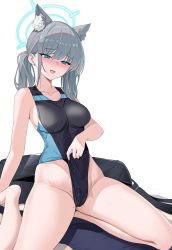 Rule 34 | 1girl, :d, animal ears, bag, bare shoulders, barefoot, blue archive, blue eyes, blush, breasts, cameltoe, cat ears, cbmus, clothes pull, competition swimsuit, earrings, fang, frontal wedgie, grey hair, halo, highres, jewelry, long hair, one-piece swimsuit, one-piece swimsuit pull, open mouth, shiroko (blue archive), side ponytail, sitting, smile, solo, swimsuit, wariza, wedgie, wet