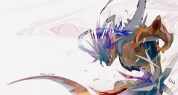 Rule 34 | abstract background, blue feathers, closed mouth, colored skin, creatures (company), feathers, game freak, highres, kamikiririp, koraidon, nintendo, no humans, pokemon, pokemon (creature), red skin, solo, white feathers, yellow eyes