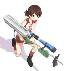 Rule 34 | 10s, 1girl, black footwear, boots, brown eyes, brown hair, closed mouth, e-liter 3k (splatoon), full body, girls und panzer, holding, holding weapon, kawanishi shinobu, knee pads, light frown, looking at viewer, nintendo, on one knee, red shirt, red shorts, red socks, scope, shadow, shirt, short hair, short ponytail, short shorts, shorts, sleeveless, sleeveless shirt, socks, solo, splatoon (series), sportswear, suke (momijigari), swept bangs, volleyball uniform, weapon