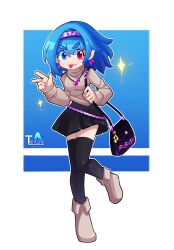 Rule 34 | 1girl, alternate costume, artist name, bag, black skirt, black thighhighs, blue eyes, blue hair, commentary, commission, english commentary, grey footwear, hairband, heterochromia, highres, long sleeves, looking at viewer, musical note earrings, musical note necklace, purple hairband, red eyes, shoulder bag, skirt, solo, tatara kogasa, texusa1, thighhighs, tongue, tongue out, touhou, v-shaped eyebrows, w