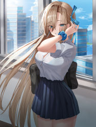 Rule 34 | 1girl, absurdres, asuna (blue archive), bag, black bag, blue archive, blue eyes, blue skirt, blush, breasts, building, button gap, cityscape, cowboy shot, day, eyes visible through hair, floating hair, grin, highres, hsxxx, large breasts, light brown hair, long hair, looking at viewer, outdoors, pleated skirt, school bag, school uniform, scrunchie, shirt, shirt tucked in, shoulder bag, skirt, smile, solo, taut clothes, taut shirt, thighs, very long hair, white shirt, wrist scrunchie