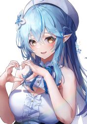 Rule 34 | 1girl, absurdres, ahoge, blue bow, blue hair, bow, braid, breasts, cleavage, cleavage cutout, clothing cutout, dress, flower, hair between eyes, hair flower, hair ornament, hat, heart, heart ahoge, heart hands, highres, hololive, large breasts, long hair, megu (pixiv9460065), open mouth, pointy ears, simple background, sleeveless, smile, solo, virtual youtuber, white background, white flower, yellow eyes, yukihana lamy