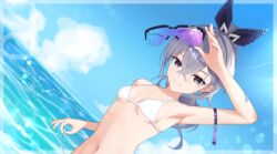 Rule 34 | 1girl, absurdres, arm strap, arm up, armpits, bare shoulders, bikini, blue sky, breasts, cloud, commentary request, day, dutch angle, grey eyes, grey hair, grin, hair between eyes, hair ribbon, highres, honkai: star rail, honkai (series), long hair, looking at viewer, navel, ocean, ribbon, silver wolf (honkai: star rail), sky, small breasts, smile, solo, stomach, sunglasses, swimsuit, upper body, water, white bikini, yuxiang paci