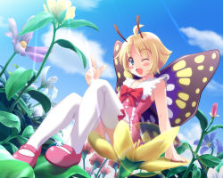 Rule 34 | 1girl, ahoge, antennae, arm support, blonde hair, blue eyes, blush, bow, bug, butterfly, cloud, day, dress, fairy, insect, mary janes, nature, one eye closed, panties, pantyshot, pink dress, pink footwear, richu, shimon (shimotsuma), shimotsuma, shoes, short hair, sitting, sky, solo, thighhighs, underwear, white panties, white thighhighs, wings, wink