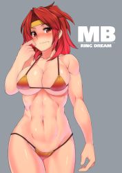 Rule 34 | 1girl, abs, bikini, blush, breasts, cleavage, finger to face, hairband, headband, kupala, large breasts, looking at viewer, micro bikini, muscular, muscular female, navel, orange bikini, prominence katou, red eyes, red hair, ring dream, scratching, simple background, solo, swimsuit, toned, underboob