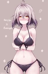 Rule 34 | !?, :o, ahoge, bare arms, bare shoulders, bikini, black bikini, black ribbon, blush, breasts, brown background, cleavage, collarbone, copyright name, cowboy shot, crossed arms, dated, fate/grand order, fate (series), front-tie bikini top, front-tie top, gluteal fold, hachikuji, hair between eyes, halterneck, highres, jeanne d&#039;arc (fate), jeanne d&#039;arc alter (avenger) (fate), jeanne d&#039;arc alter (fate), large breasts, looking at viewer, nose blush, open mouth, raised eyebrows, ribbon, short hair, side-tie bikini bottom, silver hair, simple background, solo, standing, swimsuit, yellow eyes