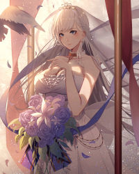Rule 34 | 1girl, absurdres, alternate costume, azur lane, bad id, bad pixiv id, bare shoulders, belfast (azur lane), belfast (the pledge of claddagh) (azur lane), bird, blue eyes, blush, bouquet, braid, breasts, bridal veil, bride, chain, choker, cleavage, closed mouth, collar, collarbone, dress, evening, floating hair, flower, french braid, hand up, highres, holding, holding bouquet, kisui (28992125), large breasts, light particles, long hair, looking at viewer, outdoors, petals, silver hair, sky, smile, solo, veil, wedding dress, white dress, wind, wind lift
