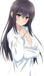 Rule 34 | 1girl, black hair, blush, breasts, cleavage, closed mouth, collarbone, collared shirt, dars (recolors), dress shirt, frown, hair between eyes, highres, kotegawa yui, large breasts, long hair, long sleeves, looking at viewer, naked shirt, shirt, simple background, solo, straight hair, to love-ru, to love-ru darkness, upper body, v-shaped eyebrows, white background, white shirt, wing collar, yellow eyes