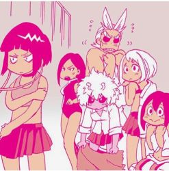 Rule 34 | 10s, 1boy, 5girls, age difference, all might, angry, ashido mina, asui tsuyu, black sclera, blush, boku no hero academia, bra, breasts, closed mouth, collarbone, colored sclera, colored skin, covering privates, covering breasts, covering chest, embarrassed, frog girl, glaring, hair down, height difference, horns, jirou kyouka, long hair, looking at another, looking to the side, multiple girls, open mouth, parody, parted lips, pink skin, school uniform, short hair, sitting, skirt, sports bra, standing, sweatdrop, teacher and student, teeth, underwear, undressing, uraraka ochako, yagi toshinori, yaoyorozu momo